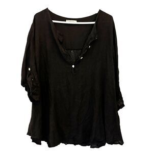 Liabella Black Linen Lace Back Pearl Button 3/4 Sleeve Flowy Lagenlook Blouse L‎